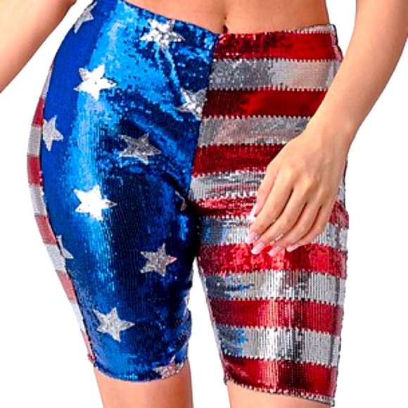Restocked! 4th Of July “Red White Blue” Metallic Sequin Biker Shorts - Picture 4 of 5